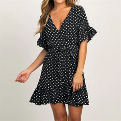 Polka Dot Short Sleeve V-neck Women Dress