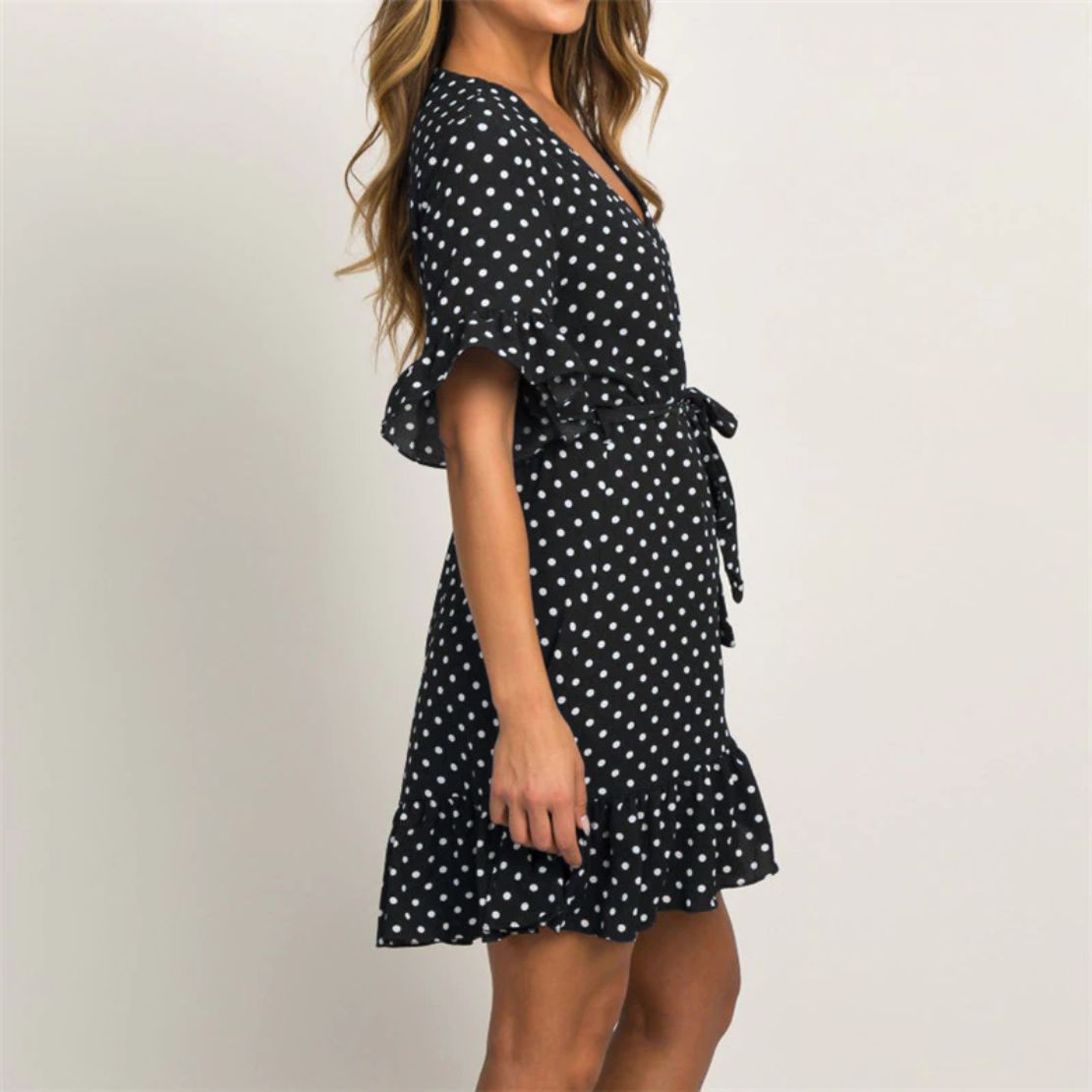 Polka Dot Short Sleeve V-neck Women Dress