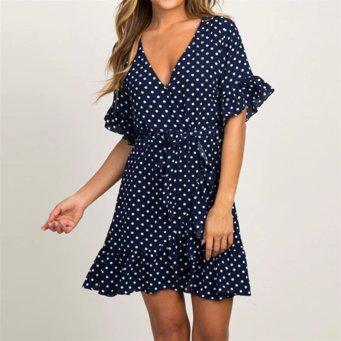 Polka Dot Short Sleeve V-neck Women Dress