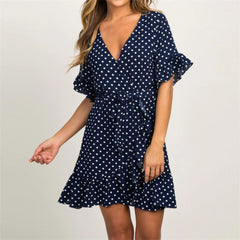 Polka Dot Short Sleeve V-neck Women Dress