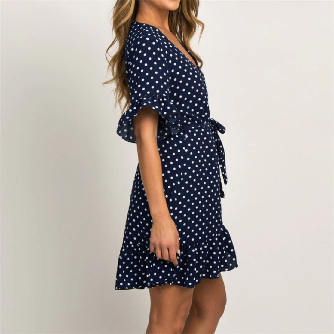 Polka Dot Short Sleeve V-neck Women Dress