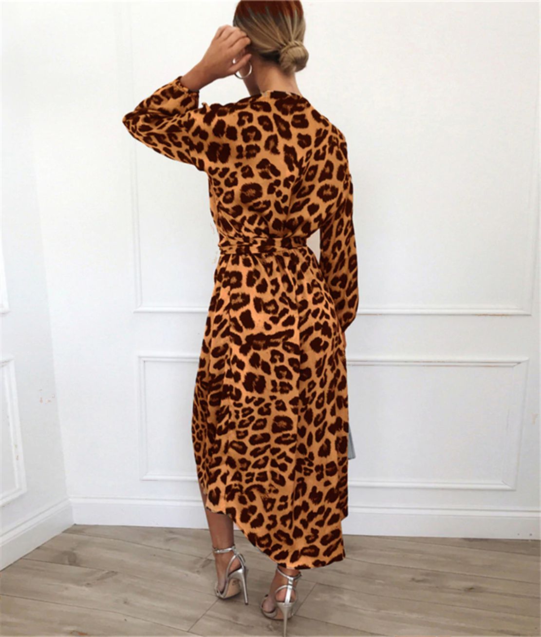 Long Sleeve Deep V-neck Leopard Dress