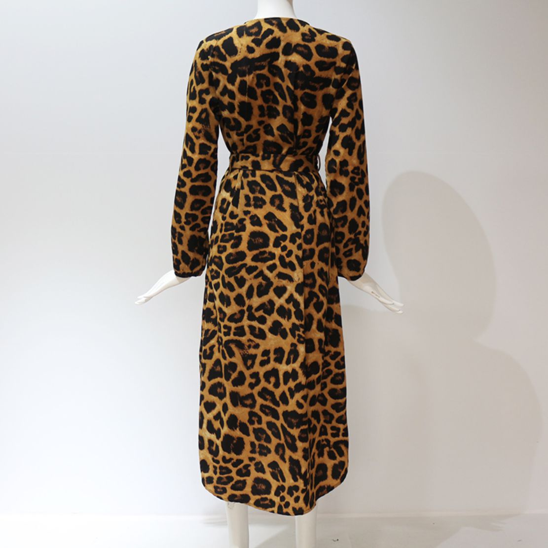 Long Sleeve Deep V-neck Leopard Dress