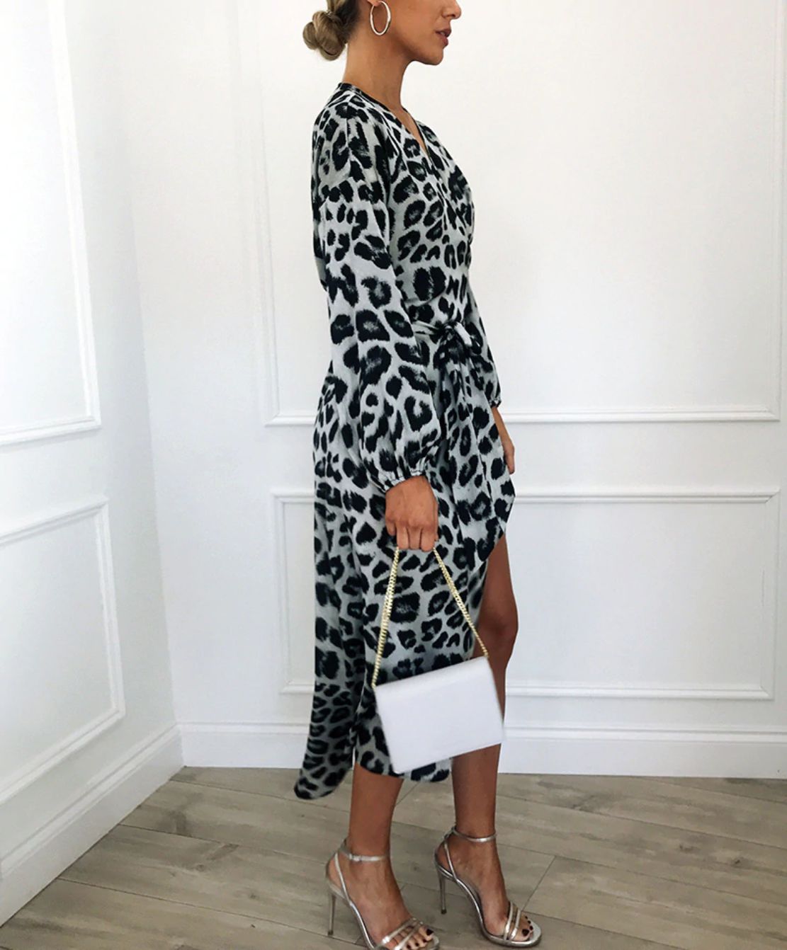 Long Sleeve Deep V-neck Leopard Dress