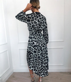 Long Sleeve Deep V-neck Leopard Dress