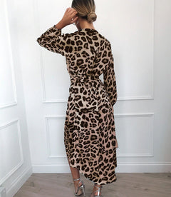 Long Sleeve Deep V-neck Leopard Dress