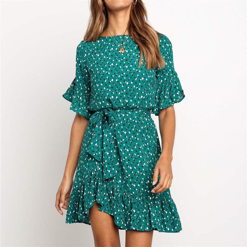 Floral Print O-neck Short Sleeve Ruffles Women Dress