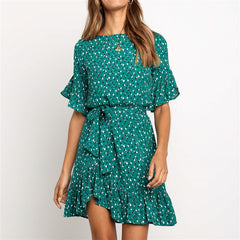 Floral Print O-neck Short Sleeve Ruffles Women Dress