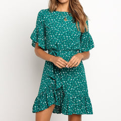 Floral Print O-neck Short Sleeve Ruffles Women Dress