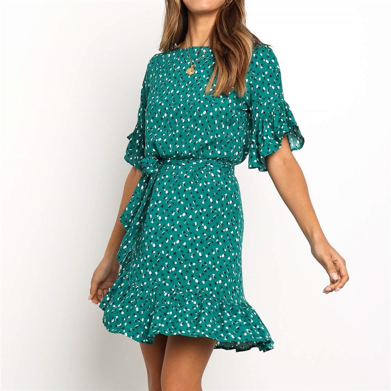Floral Print O-neck Short Sleeve Ruffles Women Dress