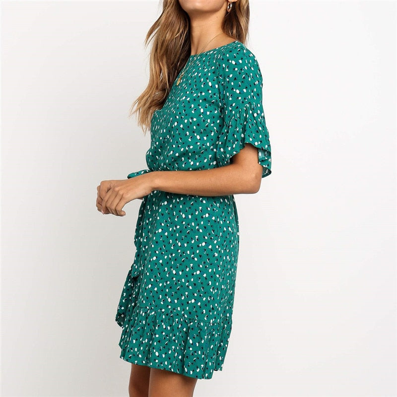 Floral Print O-neck Short Sleeve Ruffles Women Dress