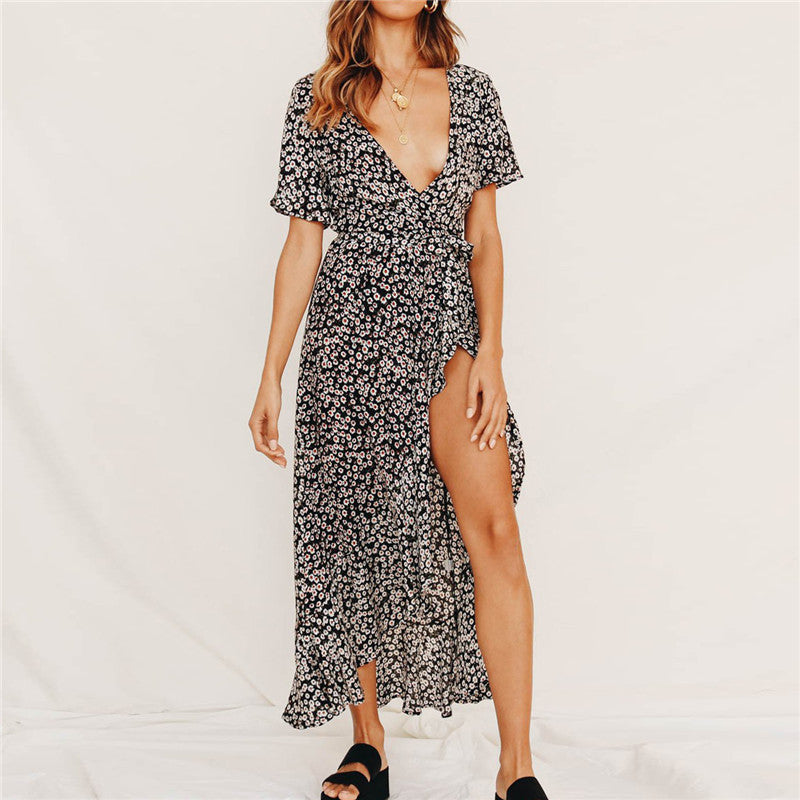 Floral Deep V-neck Split Long Women Dress