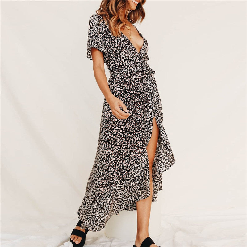 Floral Deep V-neck Split Long Women Dress