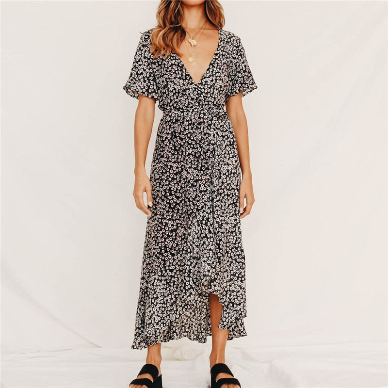 Floral Deep V-neck Split Long Women Dress