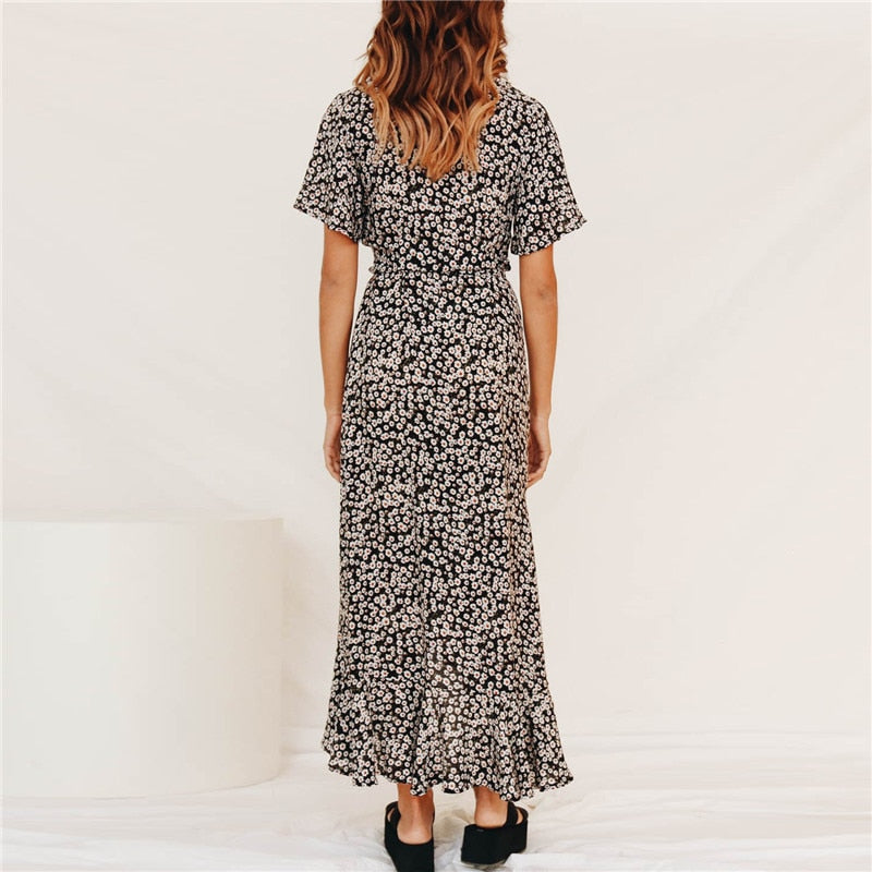 Floral Deep V-neck Split Long Women Dress