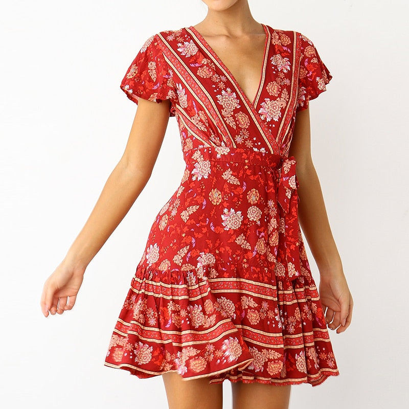 Floral Print Deep V Neck Ruffle Women Dress