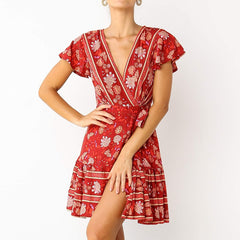 Floral Print Deep V Neck Ruffle Women Dress