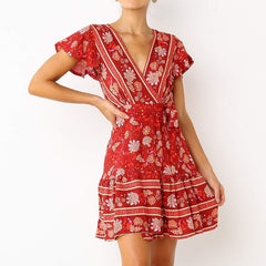 Floral Print Deep V Neck Ruffle Women Dress