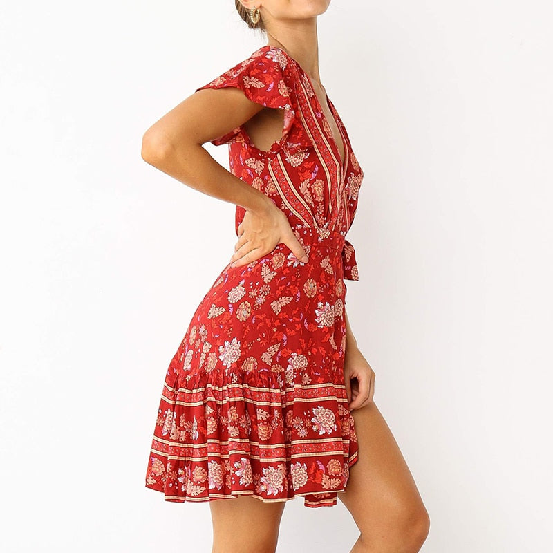 Floral Print Deep V Neck Ruffle Women Dress