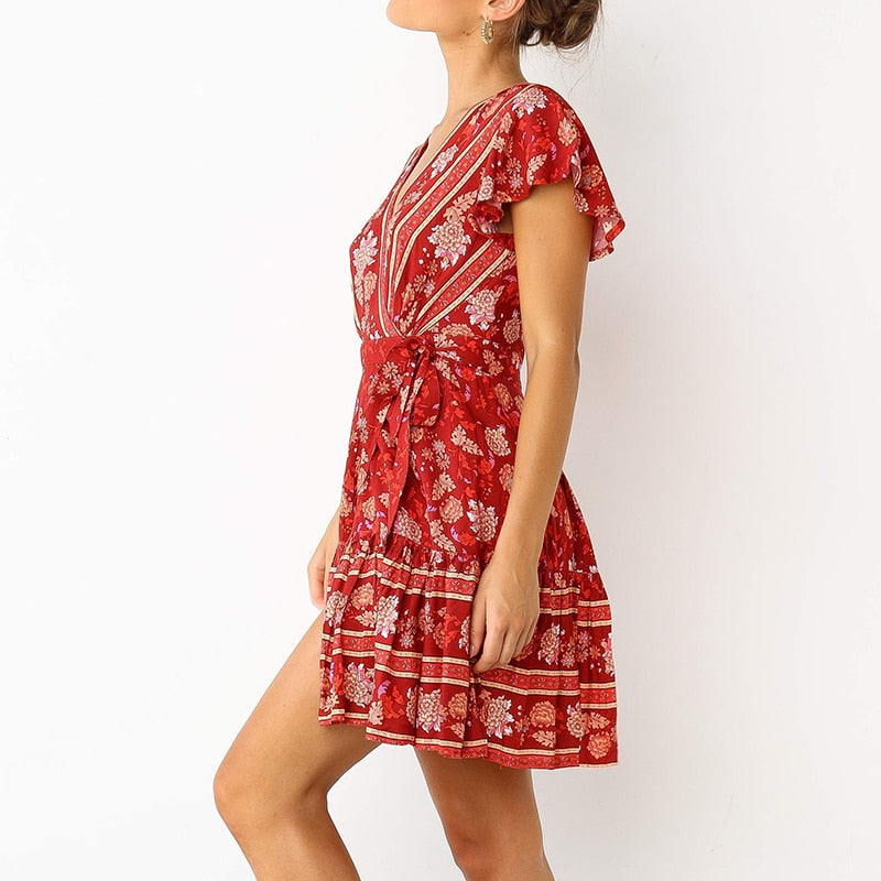 Floral Print Deep V Neck Ruffle Women Dress