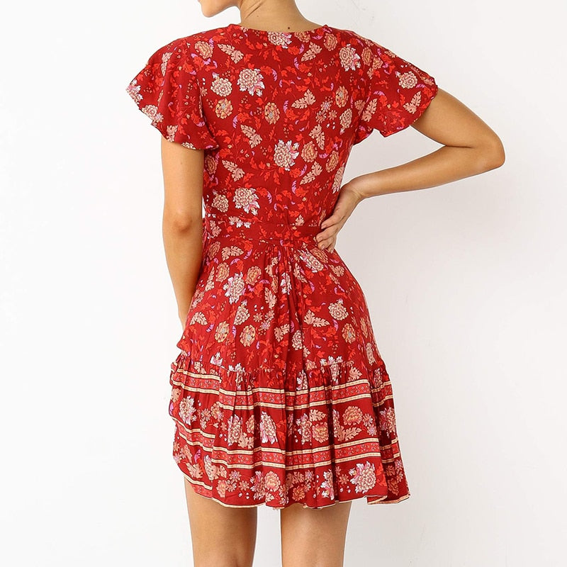 Floral Print Deep V Neck Ruffle Women Dress
