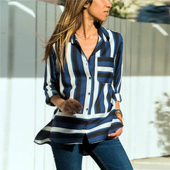 Striped Long Sleeve Turn Down Collar Women Blouse Shirt