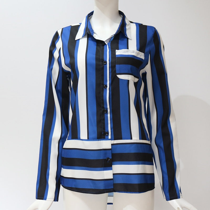 Striped Long Sleeve Turn Down Collar Women Blouse Shirt