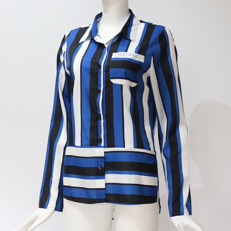 Striped Long Sleeve Turn Down Collar Women Blouse Shirt
