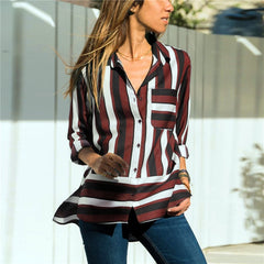 Striped Long Sleeve Turn Down Collar Women Blouse Shirt