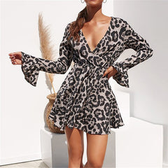 Leopard Print V-neck Long Sleeve Ruffle Women Dress