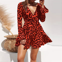 Leopard Print V-neck Long Sleeve Ruffle Women Dress