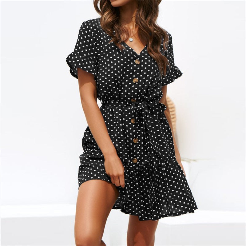 Polka Dot V Neck Short Sleeve Women Dress
