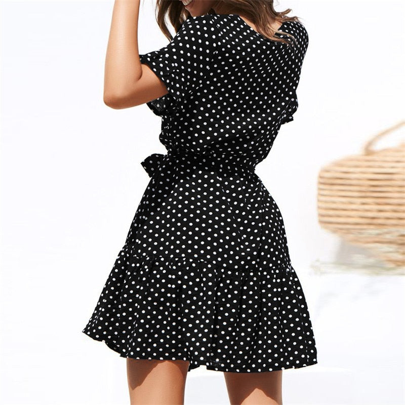 Polka Dot V Neck Short Sleeve Women Dress