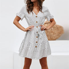 Polka Dot V Neck Short Sleeve Women Dress