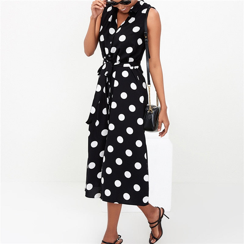Polka Dot Turn Down Collar Long Women Dress