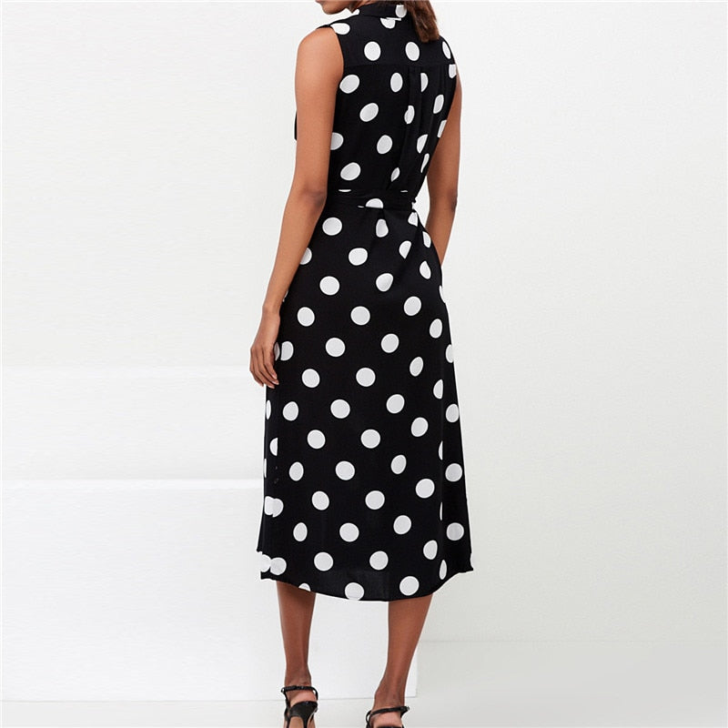 Polka Dot Turn Down Collar Long Women Dress
