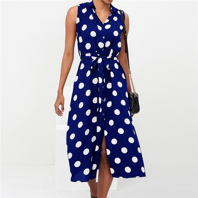 Polka Dot Turn Down Collar Long Women Dress