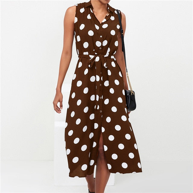 Polka Dot Turn Down Collar Long Women Dress
