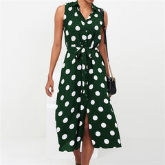 Polka Dot Turn Down Collar Long Women Dress