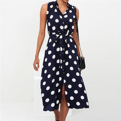 Polka Dot Turn Down Collar Long Women Dress