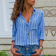 Striped Long Sleeve Turn Down Collar Women Blouse Shirt
