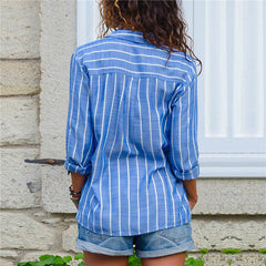 Striped Long Sleeve Turn Down Collar Women Blouse Shirt