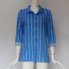 Striped Long Sleeve Turn Down Collar Women Blouse Shirt