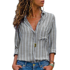Striped Long Sleeve Turn Down Collar Women Blouse Shirt