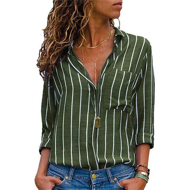 Striped Long Sleeve Turn Down Collar Women Blouse Shirt