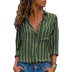 Striped Long Sleeve Turn Down Collar Women Blouse Shirt