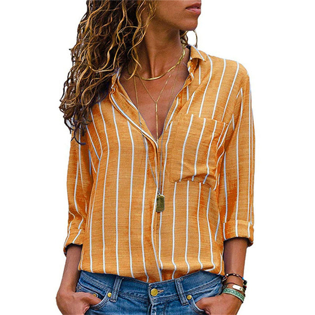Striped Long Sleeve Turn Down Collar Women Blouse Shirt