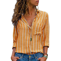 Striped Long Sleeve Turn Down Collar Women Blouse Shirt