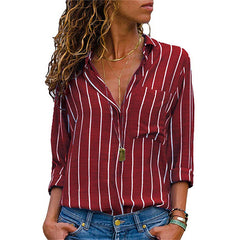 Striped Long Sleeve Turn Down Collar Women Blouse Shirt