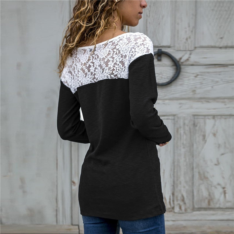 Lace Long Sleeve Tunic O-Neck Patchwork Women Blouse Shirt